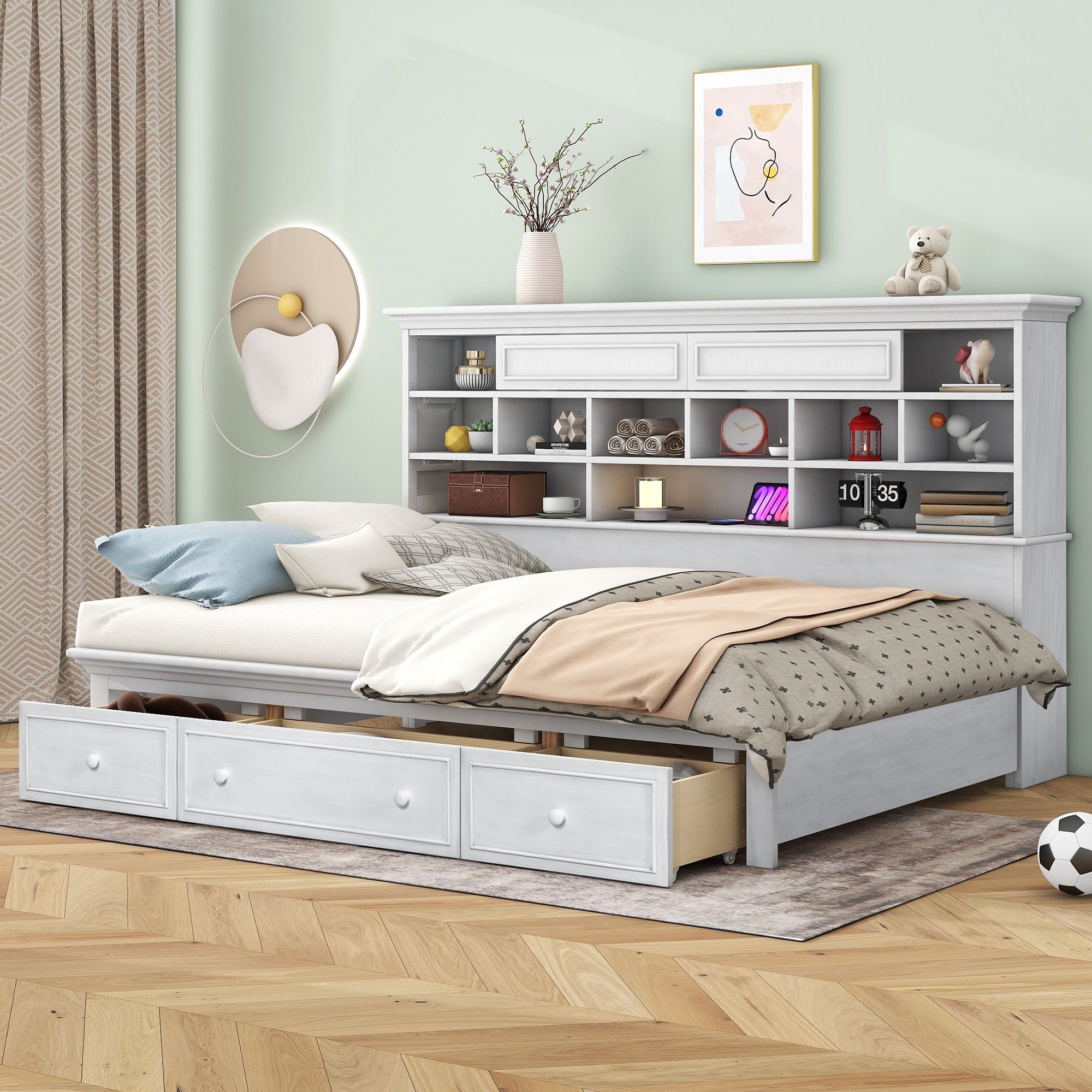 Twin Size Wood Daybed with Multi-Storage Shelves, Charging Station and 3 Drawers, Antique White - Atlantic Fine Furniture Melbourne FL