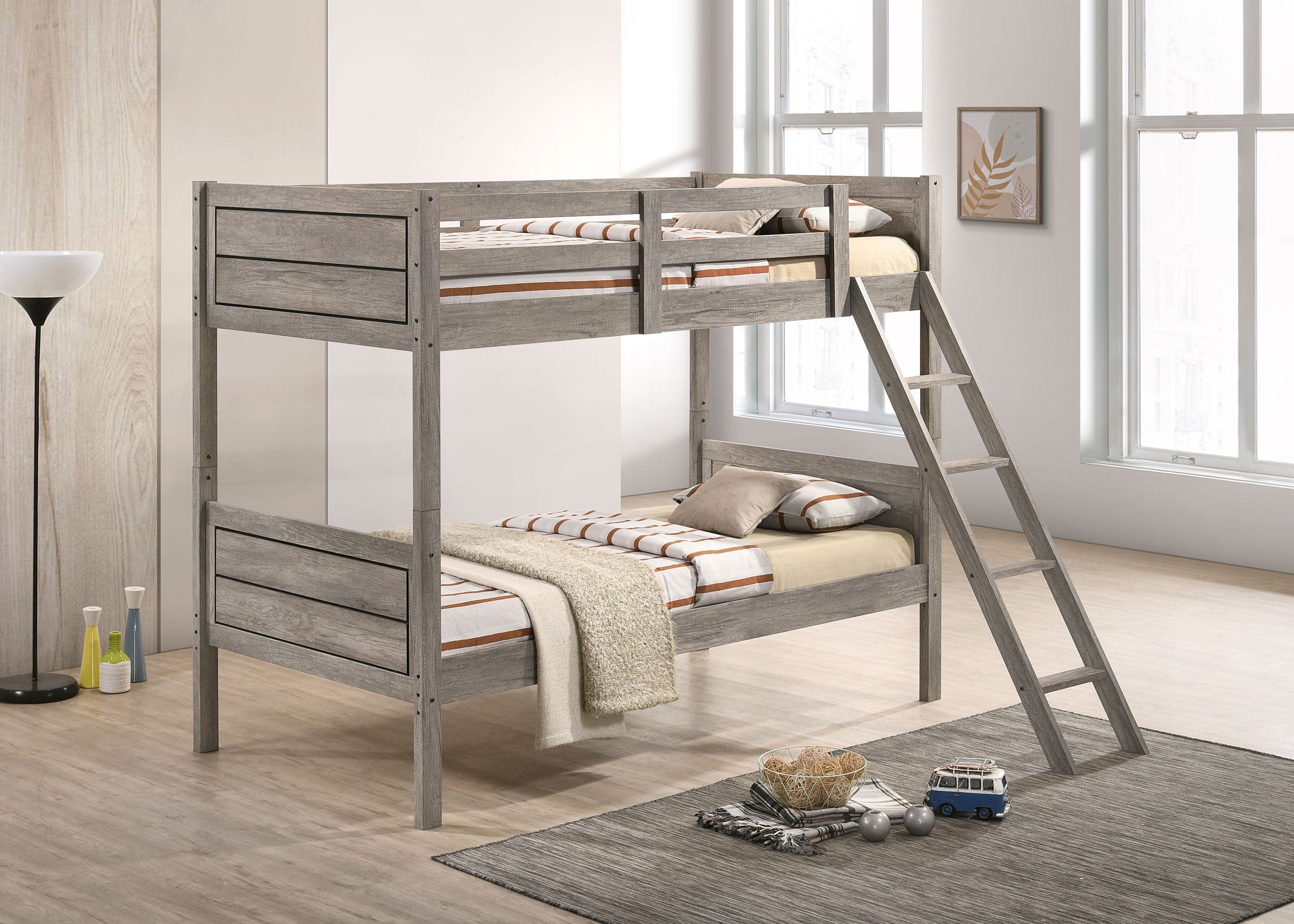 Ryder Wood Twin Over Twin Bunk Bed with Mattress Weathered Taupe — view 2