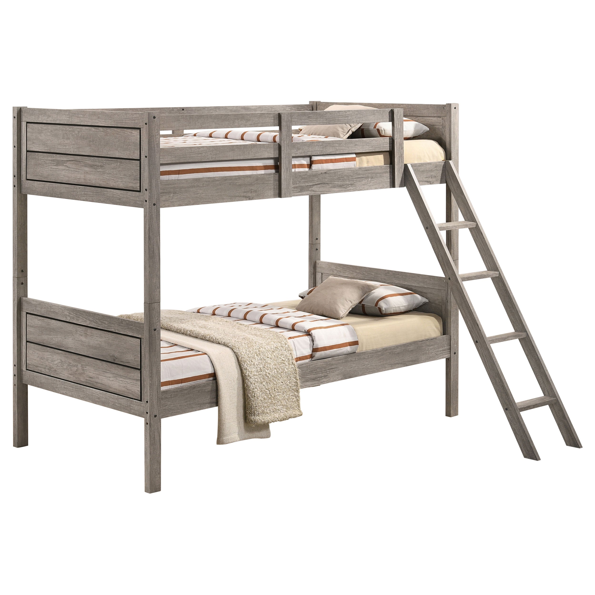 Ryder Wood Twin Over Twin Bunk Bed with Mattress Weathered Taupe — view 1