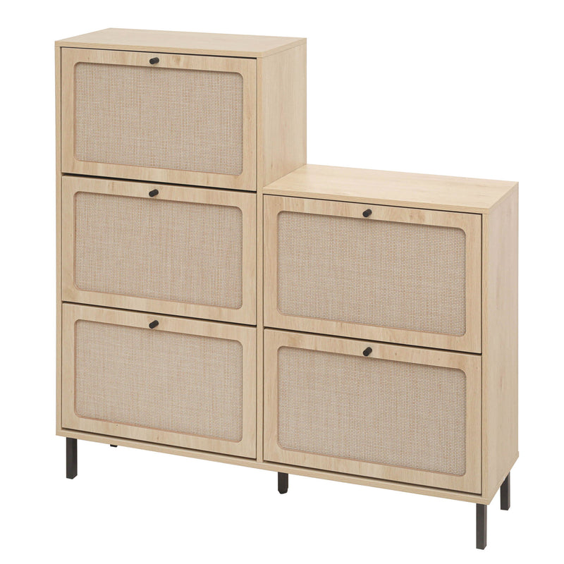 Modern Rattan 5 Door Shoe Storage Cabinet For Entryway Freestanding Design - Natural