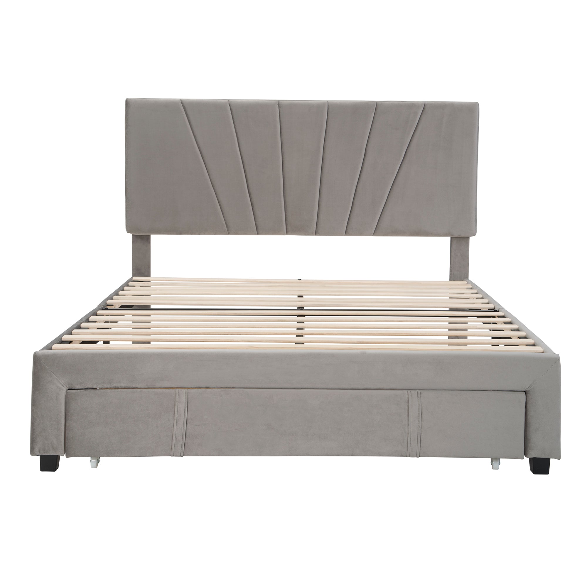 Queen Size Storage Bed Velvet Upholstered Platform Bed with a Big Drawer - Gray - Atlantic Fine Furniture Melbourne FL