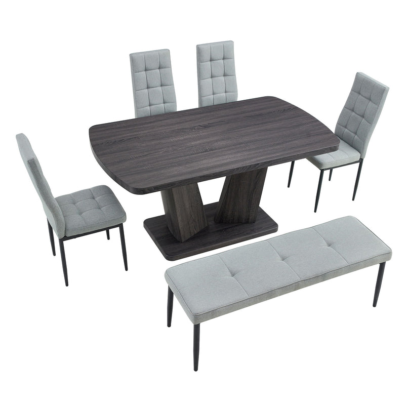 6 Piece Dining Table Set For 6, Table With V-Shaped Legs And 4 Upholstered Chairs & Bench, Modern Dining Room Set For Kitchen, Dining Room - Gray