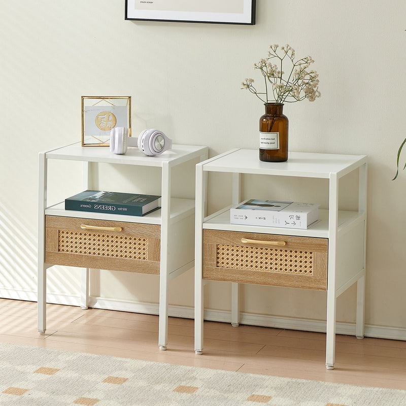 Rattan End Table With Drawer, Modern Nightstand, Metal Legs, Side Table For Living Room, Bedroom