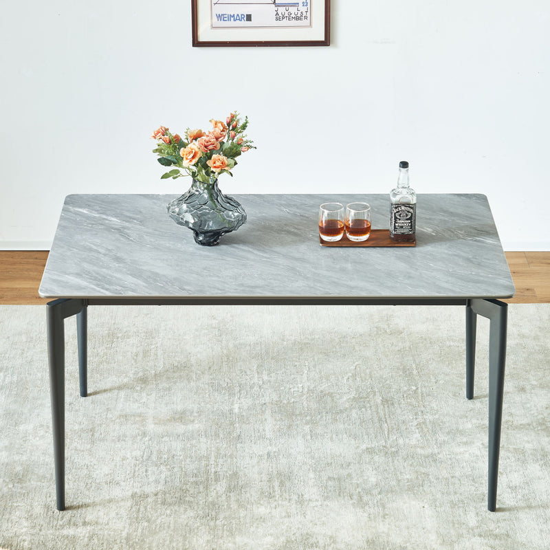 Modern Sintered Stone Dining Table Glossy Rock Surface Family Dining Table For 8 People With Sturdy Metal Legs Contemporary Kitchen Restaurant Furniture - Black / Gray