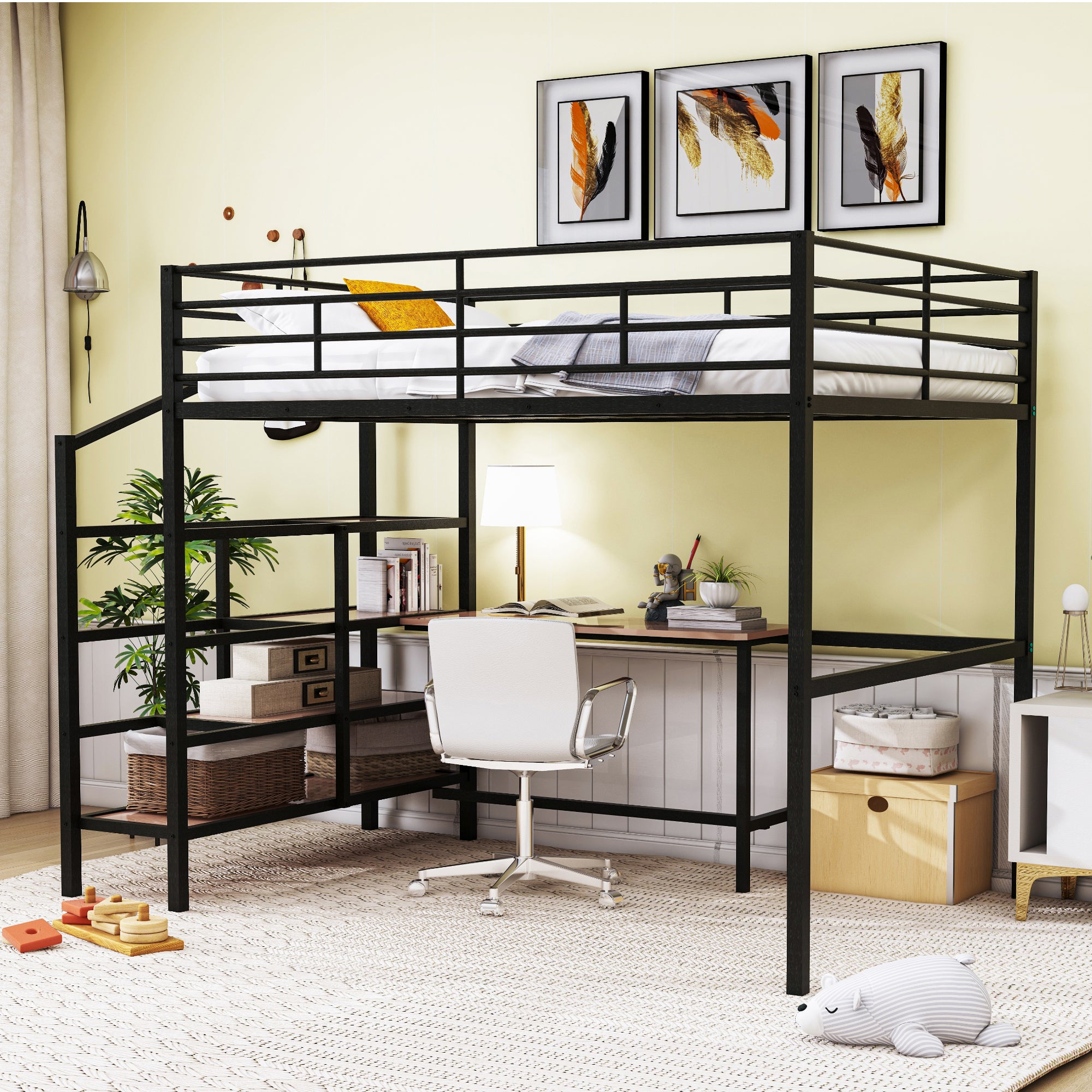 Full Size Metal Loft Bed with Desk and Lateral Storage Ladder, Black - Atlantic Fine Furniture Melbourne FL