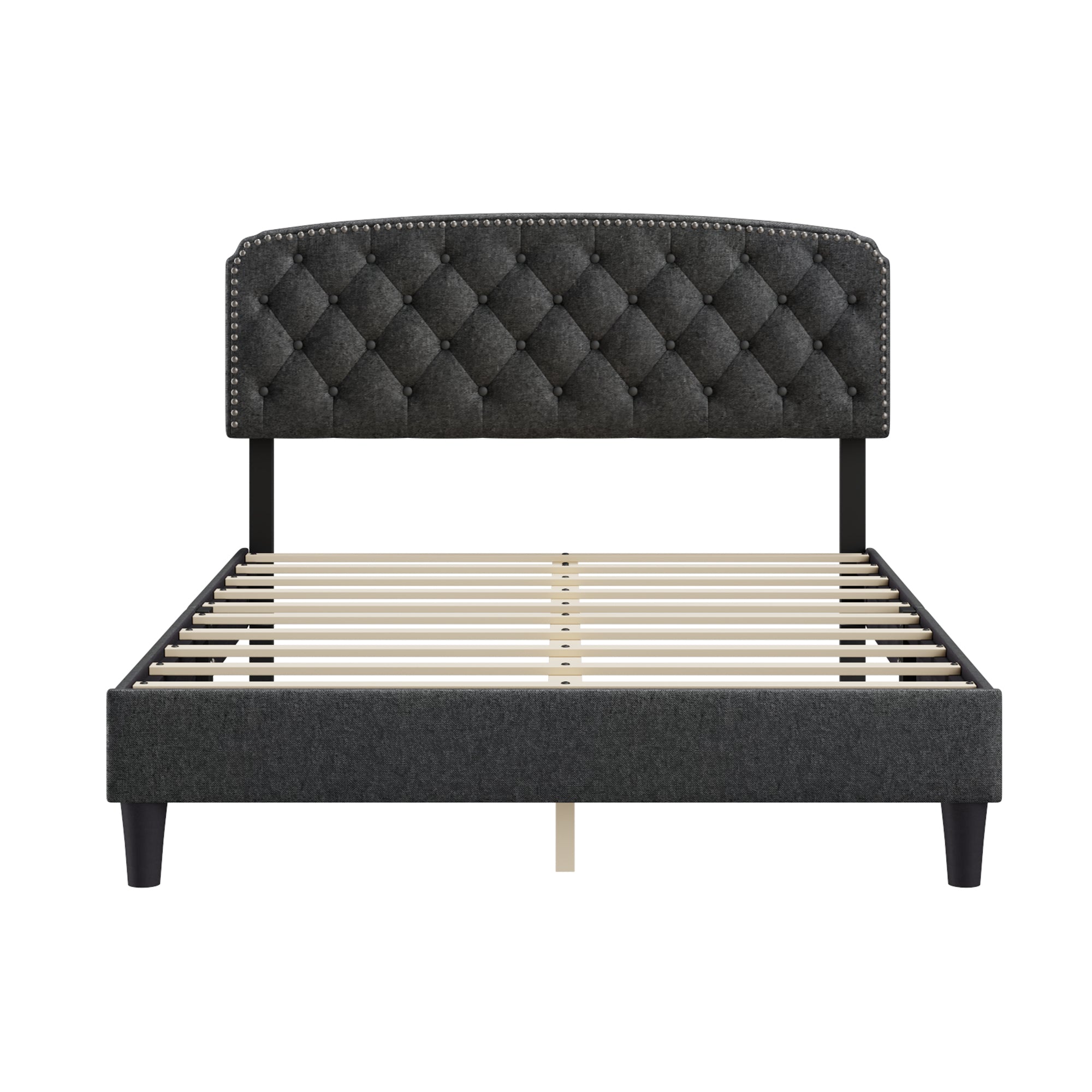 Queen size Adjustable Headboard with Fine Linen Upholstery and Button Tufting for Bedroom,  Wave Top  Dark Grey