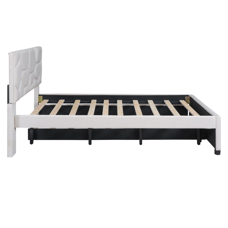 Upholstered Platform Bed With Brick Pattern Headboard And Twin Size Trundle, Linen