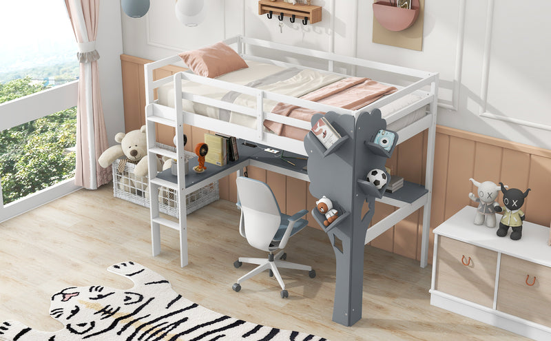 Twin Size Loft Bed with L-shaped Desk,Tree Shape Bookcase and Charging Station, White+Gray