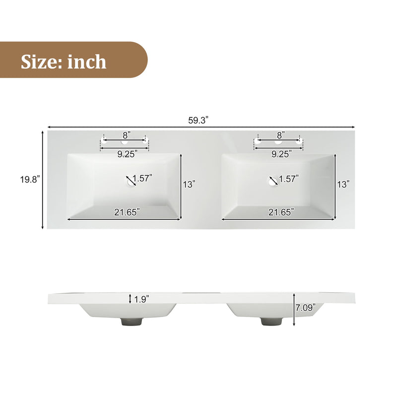 59.3" Double Sink Bathroom Vanity With Smc Resin Top, Painted Cabinet, Soft Close Doors, Wall Mounted - Wood