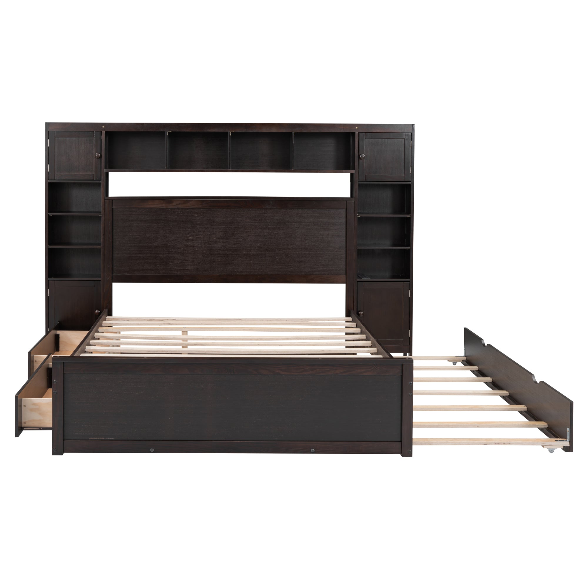 Queen Size Wooden Bed With All-in-One Cabinet, Shelf and Sockets, Espresso - Atlantic Fine Furniture Melbourne FL