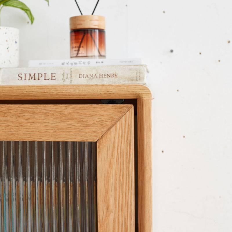 Free-Standing Corner Storage Cabinet With Vintage Glass Door, 2 Shelves, 1 Drawers & Brass Handle For Living Room - Natural