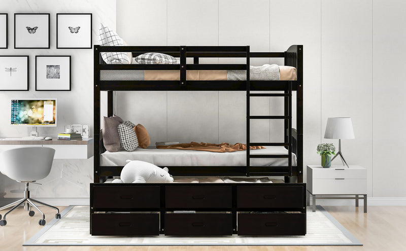 Twin Over Twin Wood Bunk Bed With Trundle And Drawers - Espresso