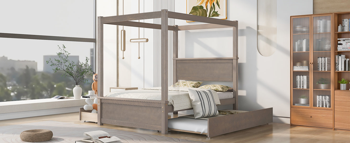 Wood Canopy Bed with Trundle Bed and two Drawers ,Full Size Canopy Platform bed With Support Slats .No Box Spring Needed, Brushed Light Brown - Atlantic Fine Furniture Melbourne FL