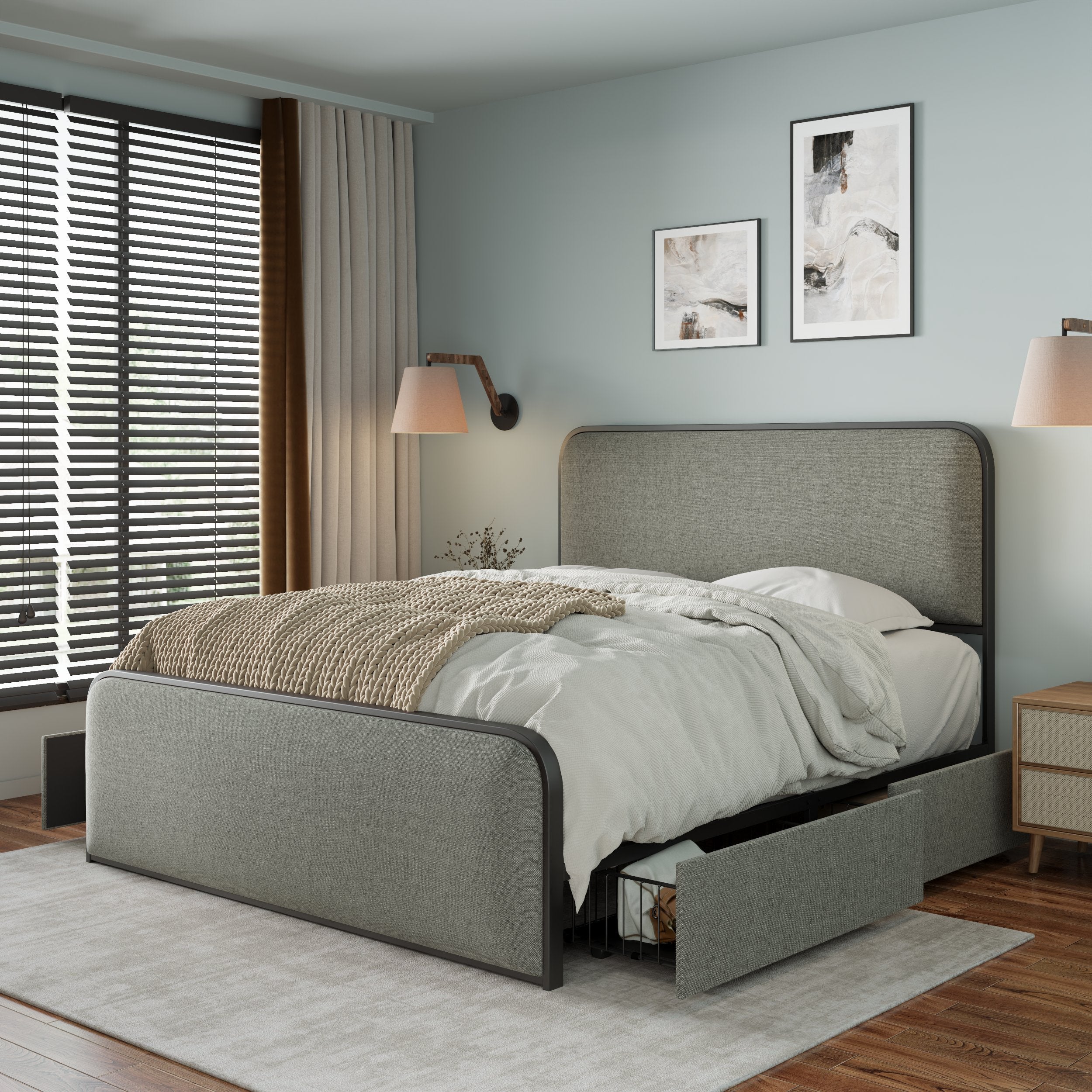 Modern Metal Bed Frame with Curved Upholstered Headboard and Footboard Bed with 4 Storage Drawers, Heavy Duty Metal Slats, Full Size, Grey - Atlantic Fine Furniture Melbourne FL