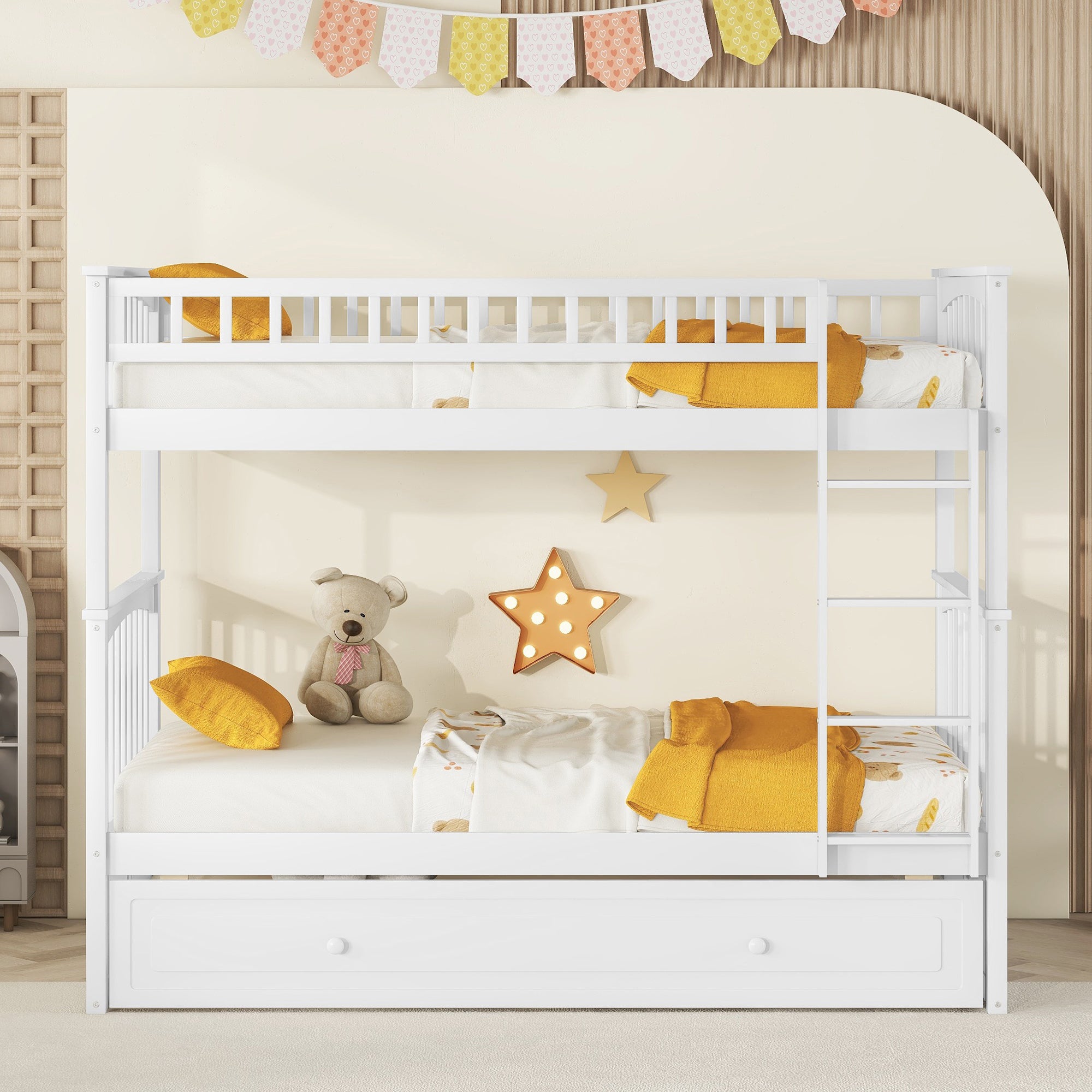 Twin over Twin Bunk Bed with Twin Size Trundle, Convertible Beds, White - Atlantic Fine Furniture Melbourne FL