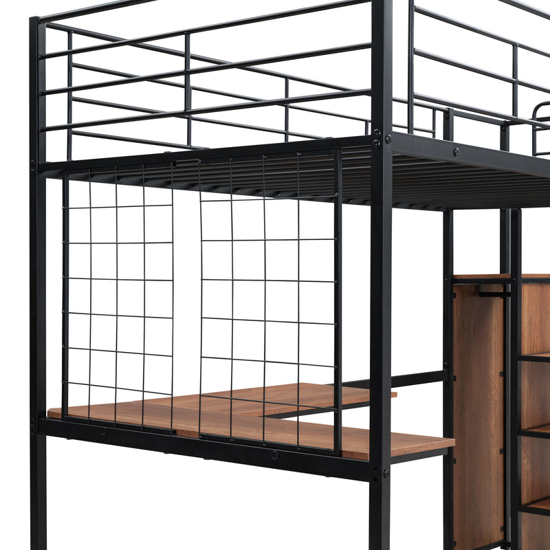 Twin Size Metal Loft Bed with Desk and Metal Grid, Stylish Metal Frame Bed with Lateral Storage Ladder and Wardrobe, Black