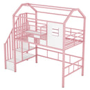 Metal Loft Bed with roof design and a storage box, Twin, Pink