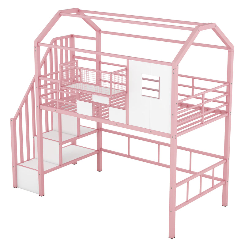 Metal Loft Bed with roof design and a storage box, Twin, Pink
