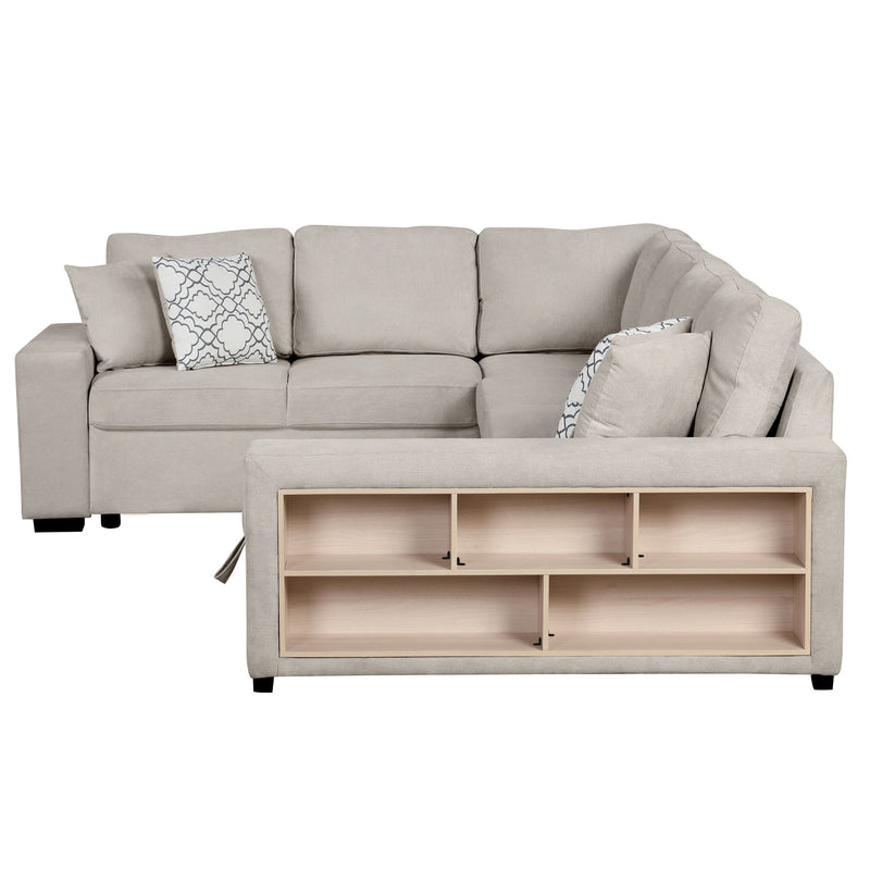 U-Shaped Sectional Sofa Pull-Out Sofa Bed With Two USB Ports, A Storage Chaise Lounge And Four Back Pillows For Living Room