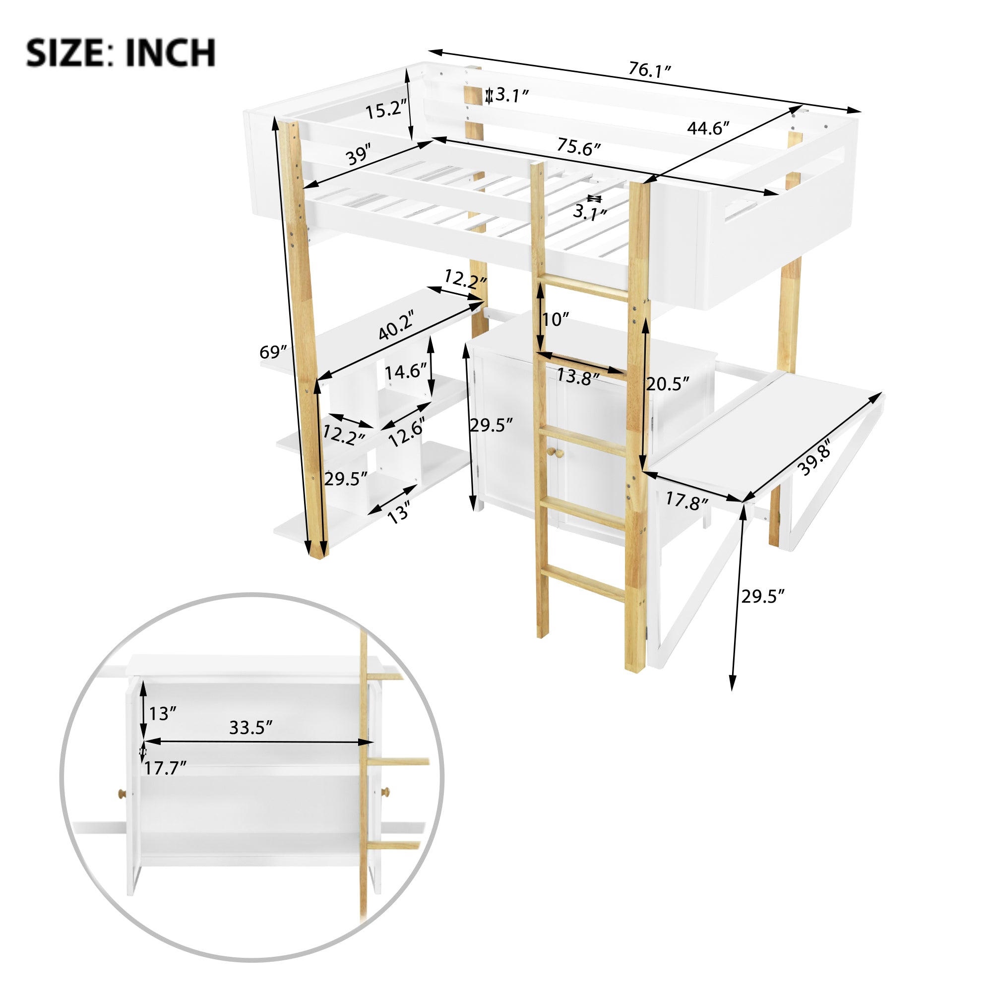 Twin Size Wood Loft Bed With Built-in Storage Cabinet and Cubes, Foldable desk, White