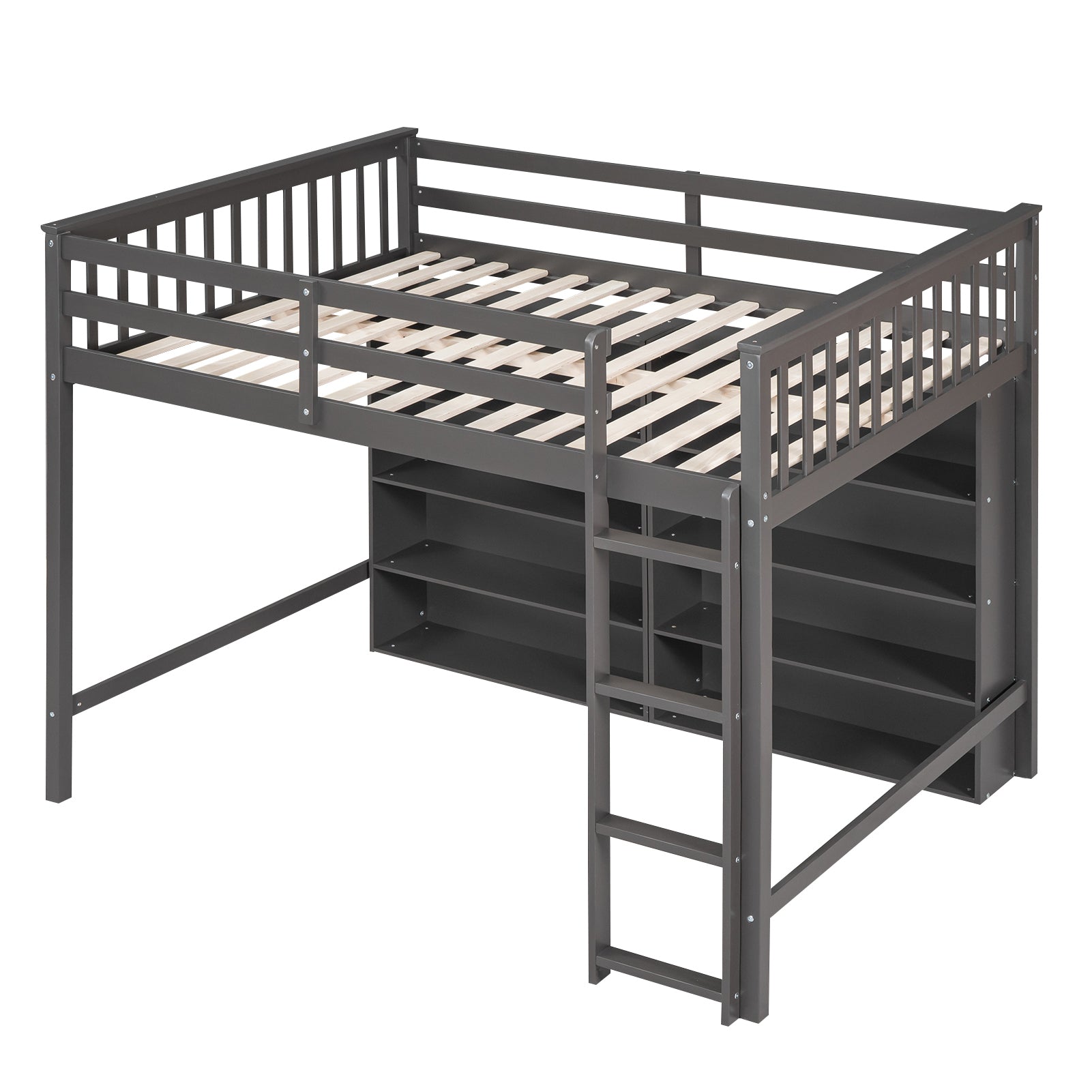 Full Size Loft Bed with 8 Open Storage Shelves and Built-in Ladder, Gray - Atlantic Fine Furniture Melbourne FL