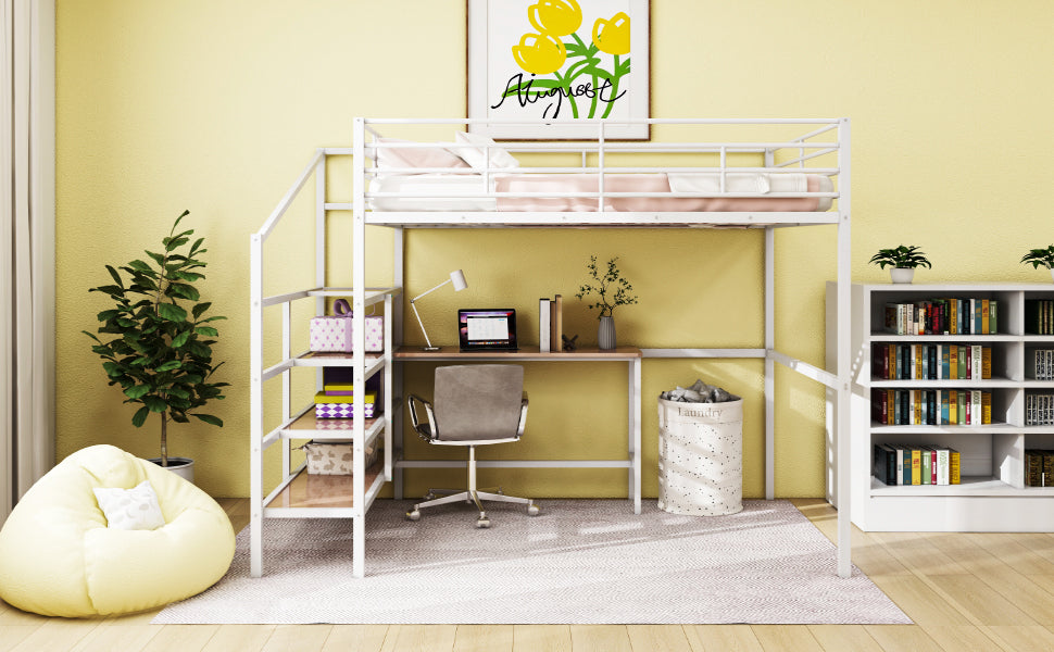 Full Size Metal Loft Bed with Desk and Lateral Storage Ladder, White - Atlantic Fine Furniture Melbourne FL