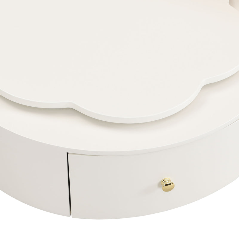 Modern Round Coffee Table (Set of 2), 360 Degree Rotatable Flower Shaped Top With 2 Drawers, Top Circle Side Table End Table With Glass For Living Room - Off White