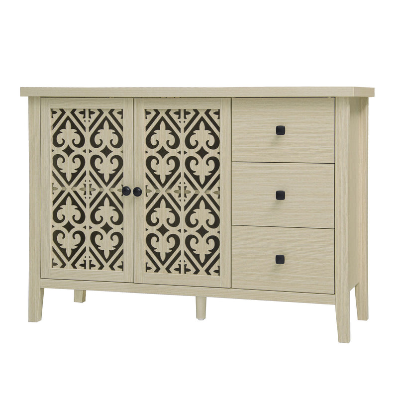 Hollowed Out Cabinet With 2 Door 3 Drawers, American Furniture, Suitable For Bedroom, Living Room, Study - Natural
