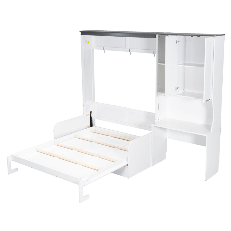Multi Functional Murphy Bed With Sofa, Desk, And Storage Cabinet, Queen Size - White
