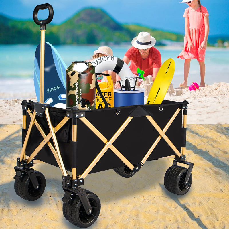 Aluminum Alloy Folding Wagon, Heavy Duty Utility Beach Wagon Cart For Sand With Big Wheels, Adjustable Handle & Drink Holders For Shopping, Camping, Garden And Outdoor