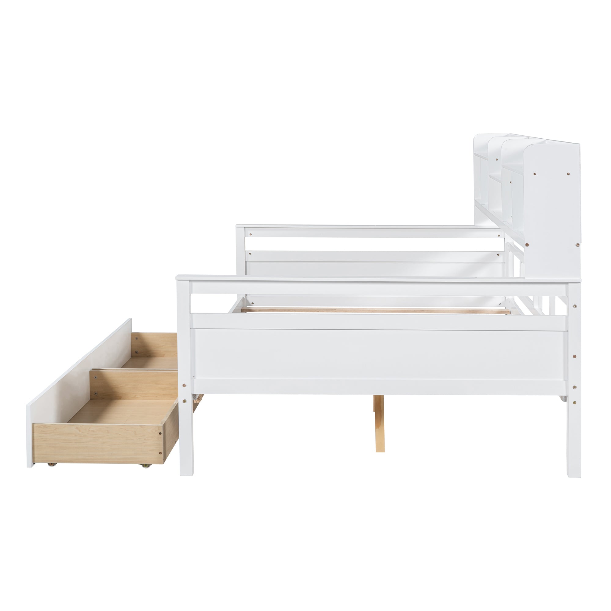 Full size Daybed, Wood Slat Support, with Bedside Shelf and Two Drawers, White - Atlantic Fine Furniture Melbourne FL