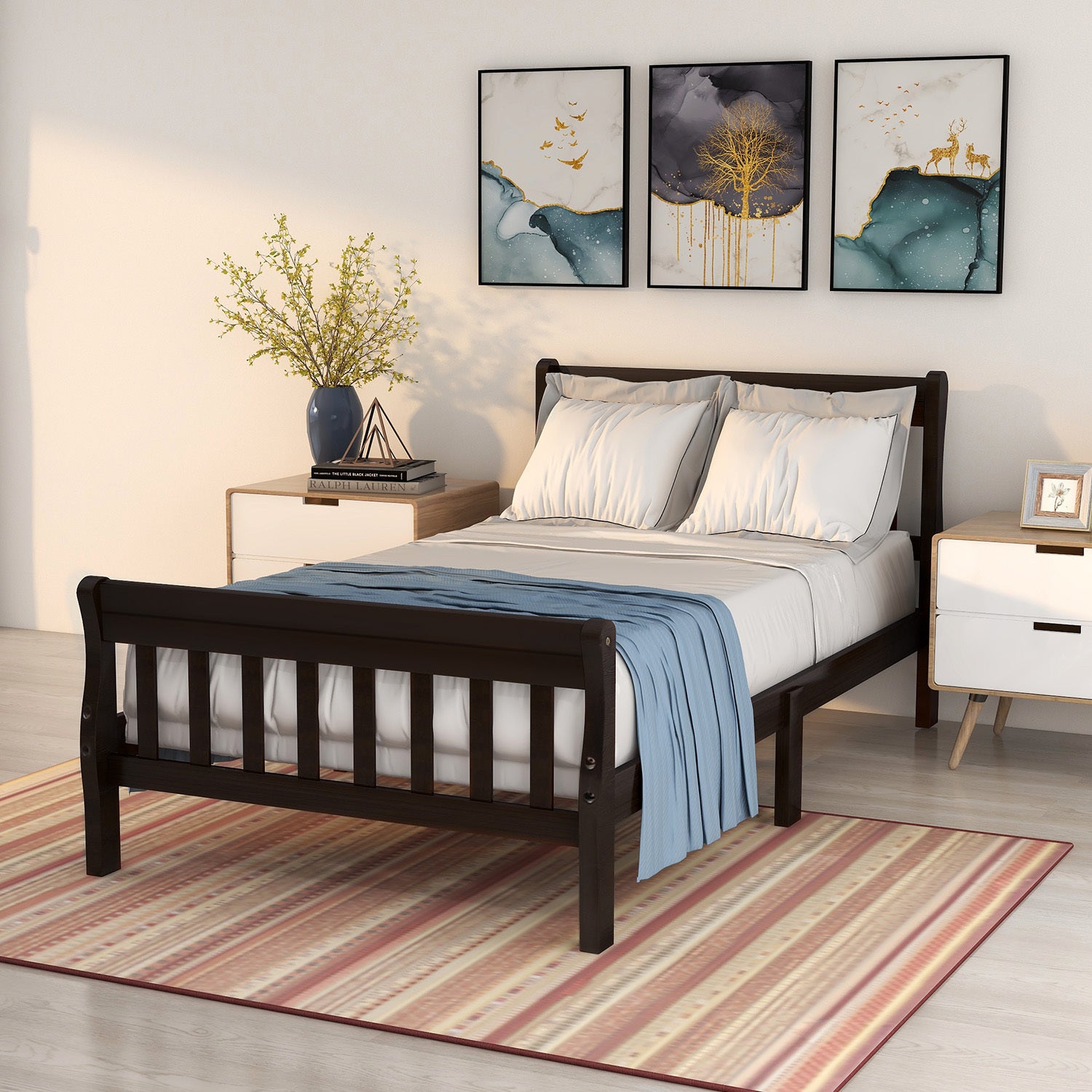 Wood Platform Bed Twin Bed Frame Panel Bed Mattress Foundation Sleigh Bed with Headboard/Footboard/Wood Slat Support - Atlantic Fine Furniture Melbourne FL