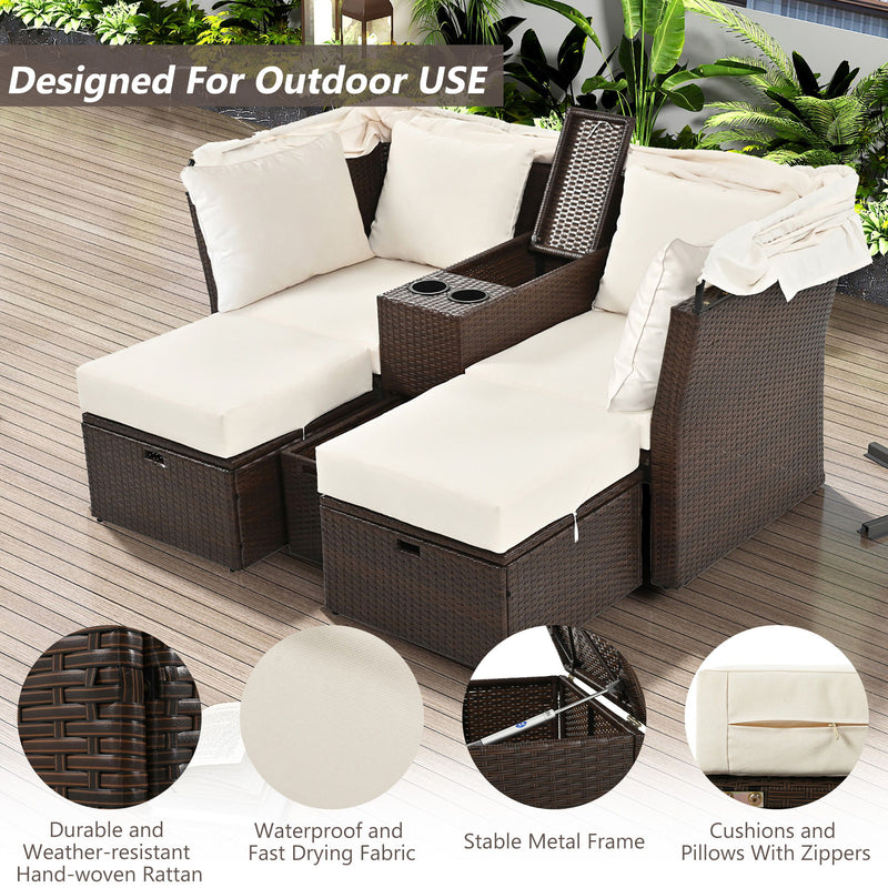 2 Seater Outdoor Patio Daybed Outdoor Double Daybed Outdoor Loveseat Sofa Set With Foldable Awning And Cushions For Garden, Balcony, Poolside