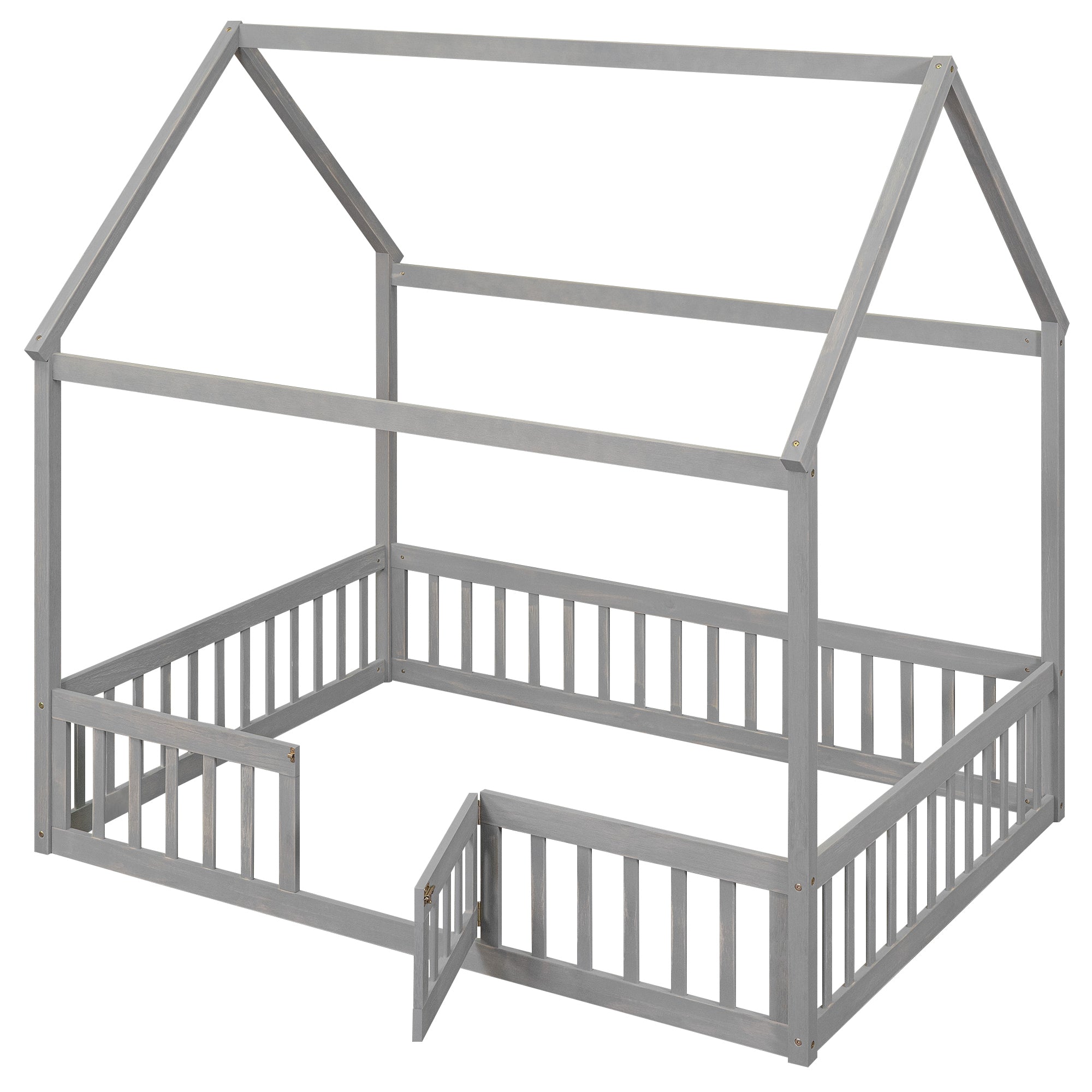 Full Size Wood House Bed with Fence and Door, Gray Wash - Atlantic Fine Furniture Melbourne FL
