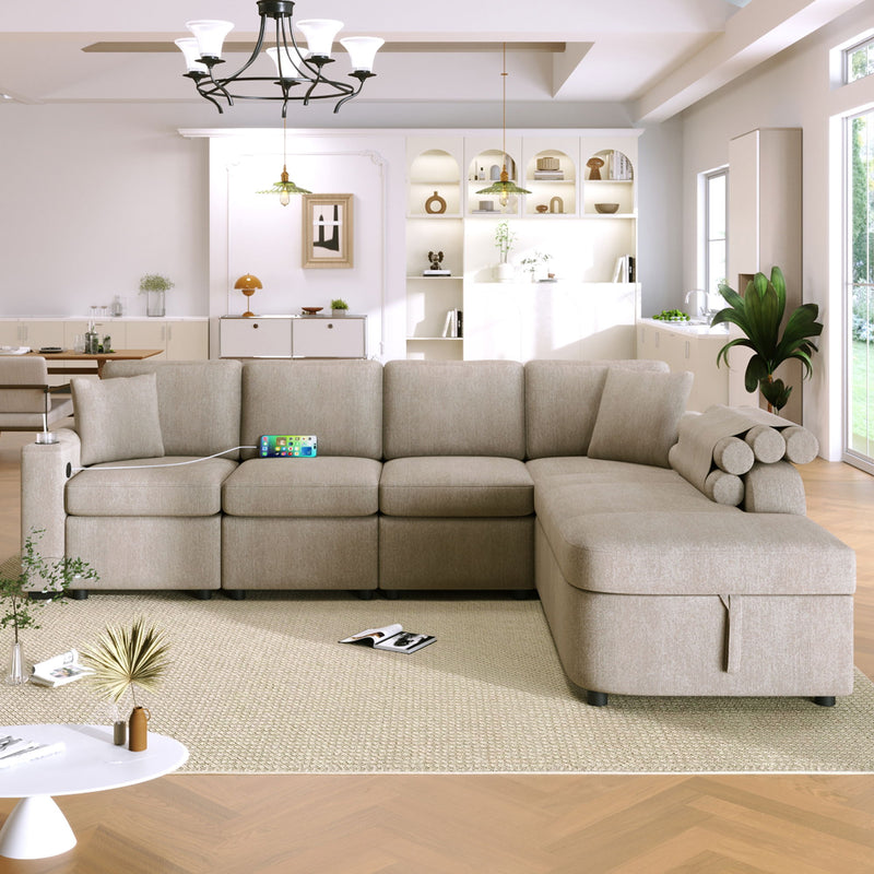 L-Shaped Couch Sectional Sofa With Storage Chaise, Cup Holder And USB Ports For Living Room