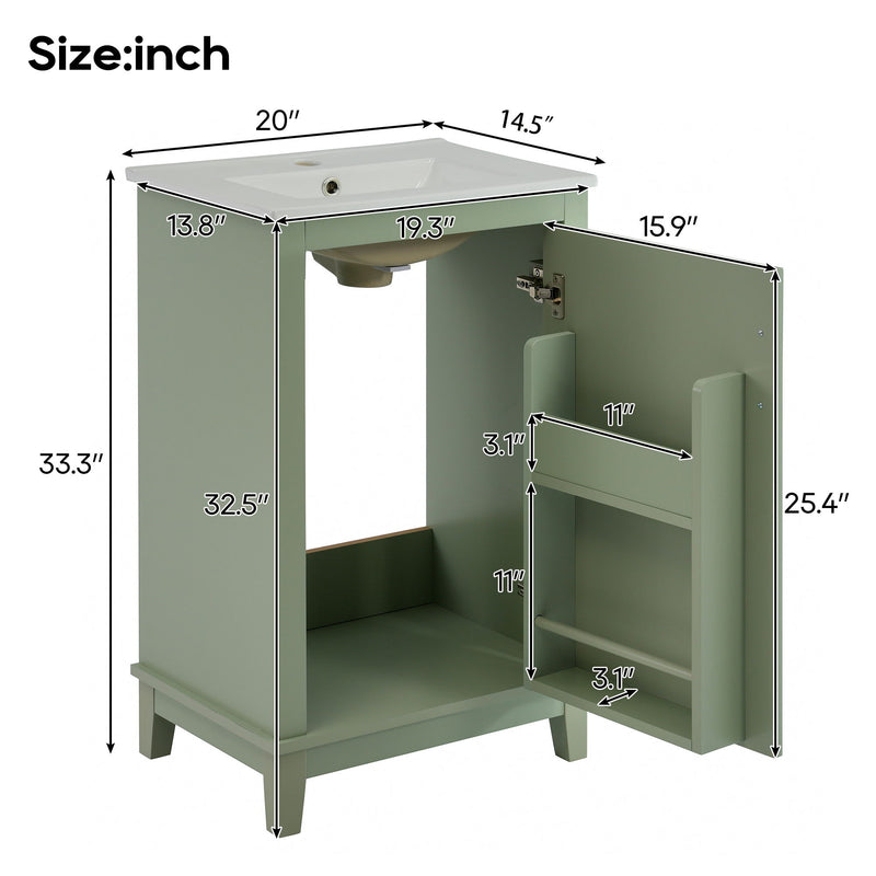 Modern Small Bathroom Vanity Cabinet With Ceramic Basin, Ample Storage, 1 Soft Close Door