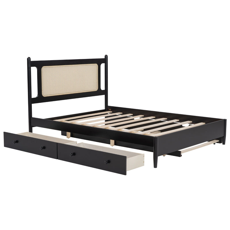 Wooden Rattan Platform Bed, With 2 Big Drawers & Trundle