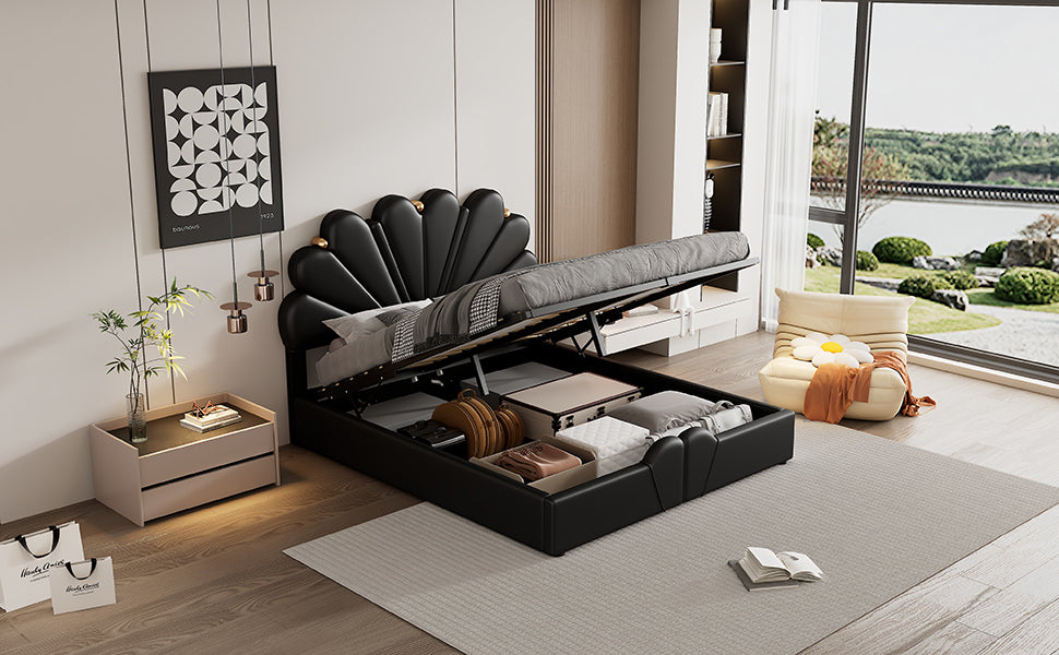 Queen Size Upholstered  Petal Shaped Platform Bed  with Hydraulic Storage System, PU Storage Bed, Decorated with metal balls, Black - Atlantic Fine Furniture Melbourne FL