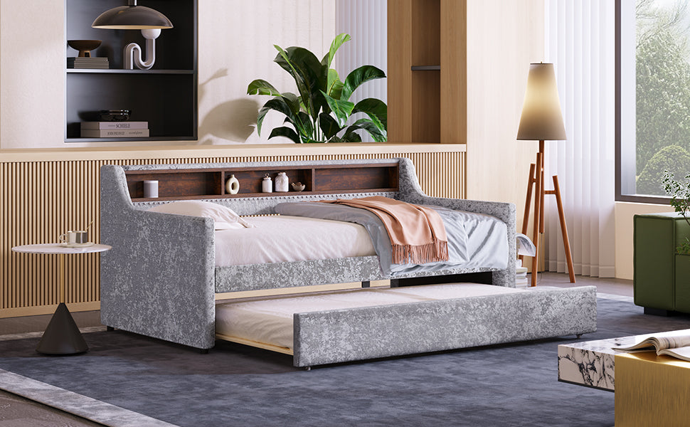 Twin Size Snowflake Velvet Daybed with Trundle and Built-in Storage Shelves,Gray - Atlantic Fine Furniture Melbourne FL