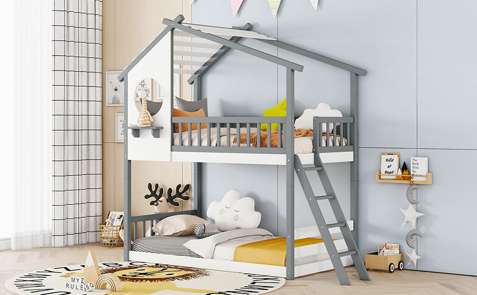 Twin Over Twin Bunk Bed Wood Bed with Roof, Window, Ladder,Gray(OLD SKU :LT100008AAE) - Atlantic Fine Furniture Melbourne FL