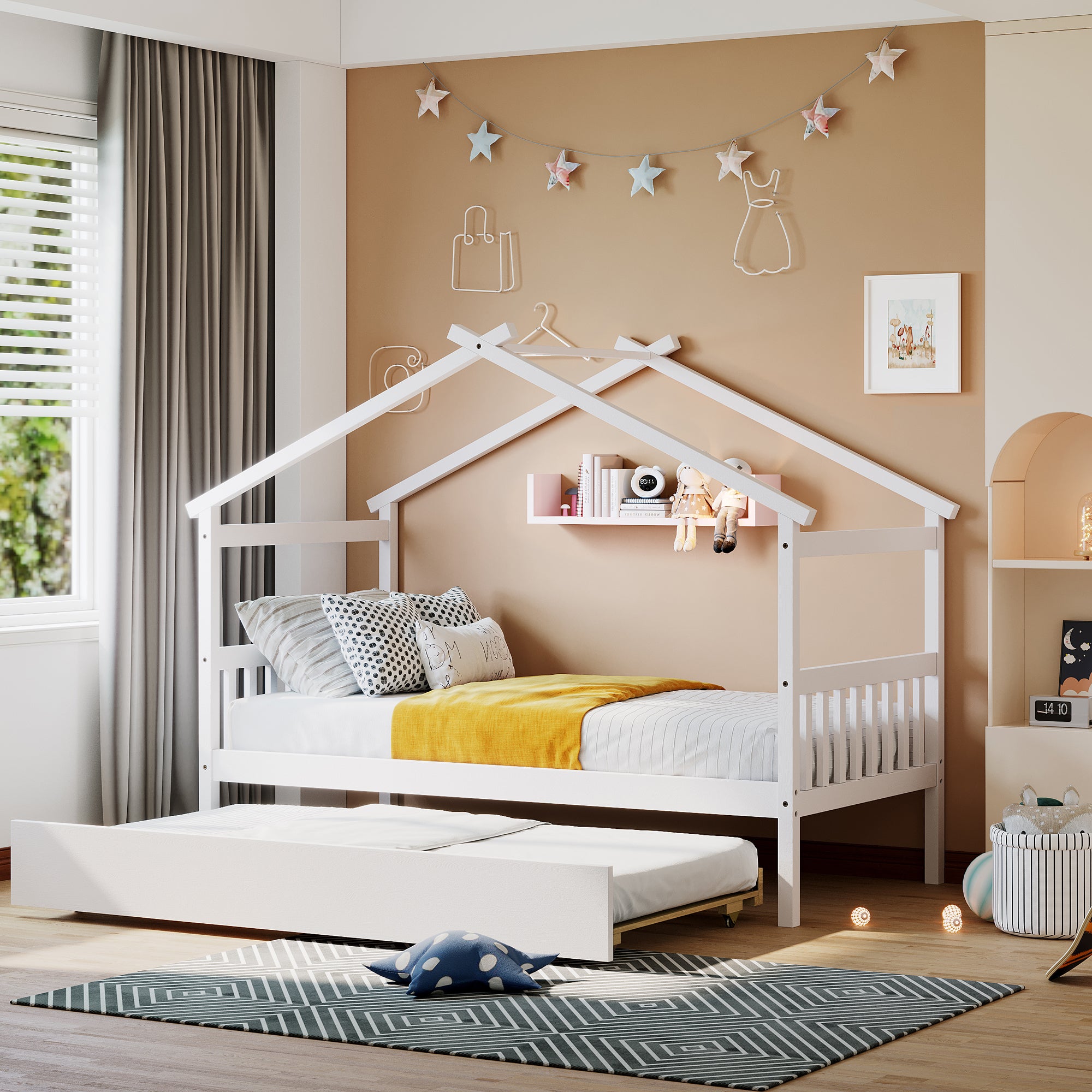 Twin Size Wooden House Bed with Twin Size Trundle, White - Atlantic Fine Furniture Melbourne FL
