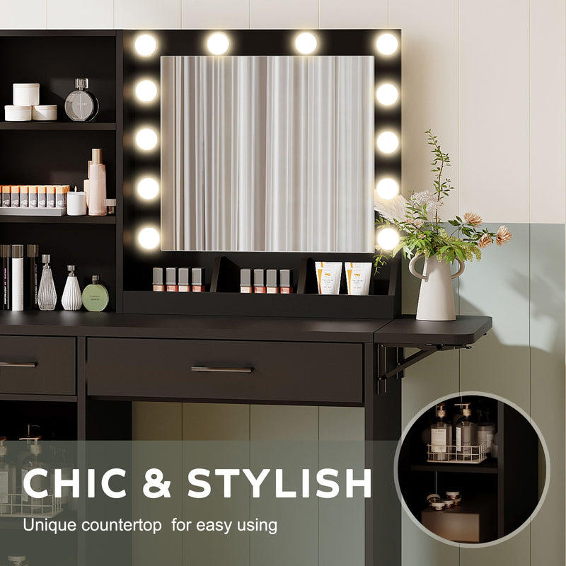 Vanity Desk With Drawers & Mirror With Lights, With Drawers & Cabinet 3 Shelves Lots Storage For Stylish Bedroom