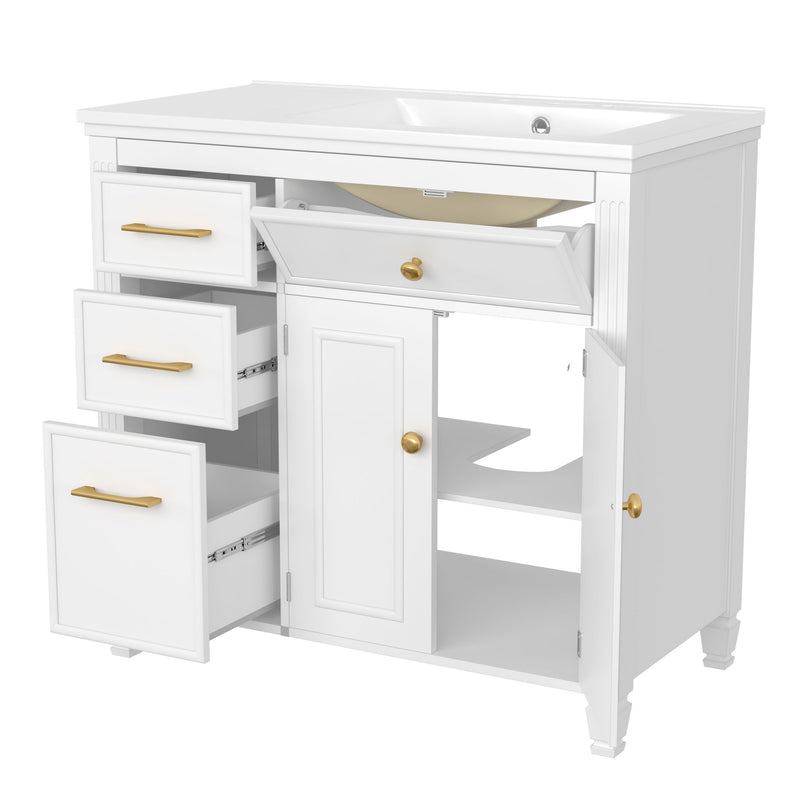 Modern Bathroom Vanity With Ceramic Sink, Freestanding, One Tip Out Drawer, 3 Side Drawers, Adjustable Shelf