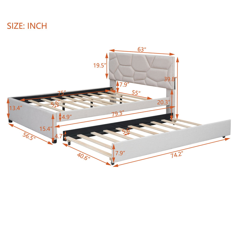 Upholstered Platform Bed With Brick Pattern Headboard And Twin Size Trundle, Linen