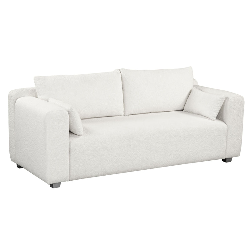 Modern Loop Yarn Sofa, One Piece Seat Frame, Minimalist 2-3 Seat Couch Easy To Install, Loveseats With Extra Wide Domed Arms For Living Room (2 Pillows) - White