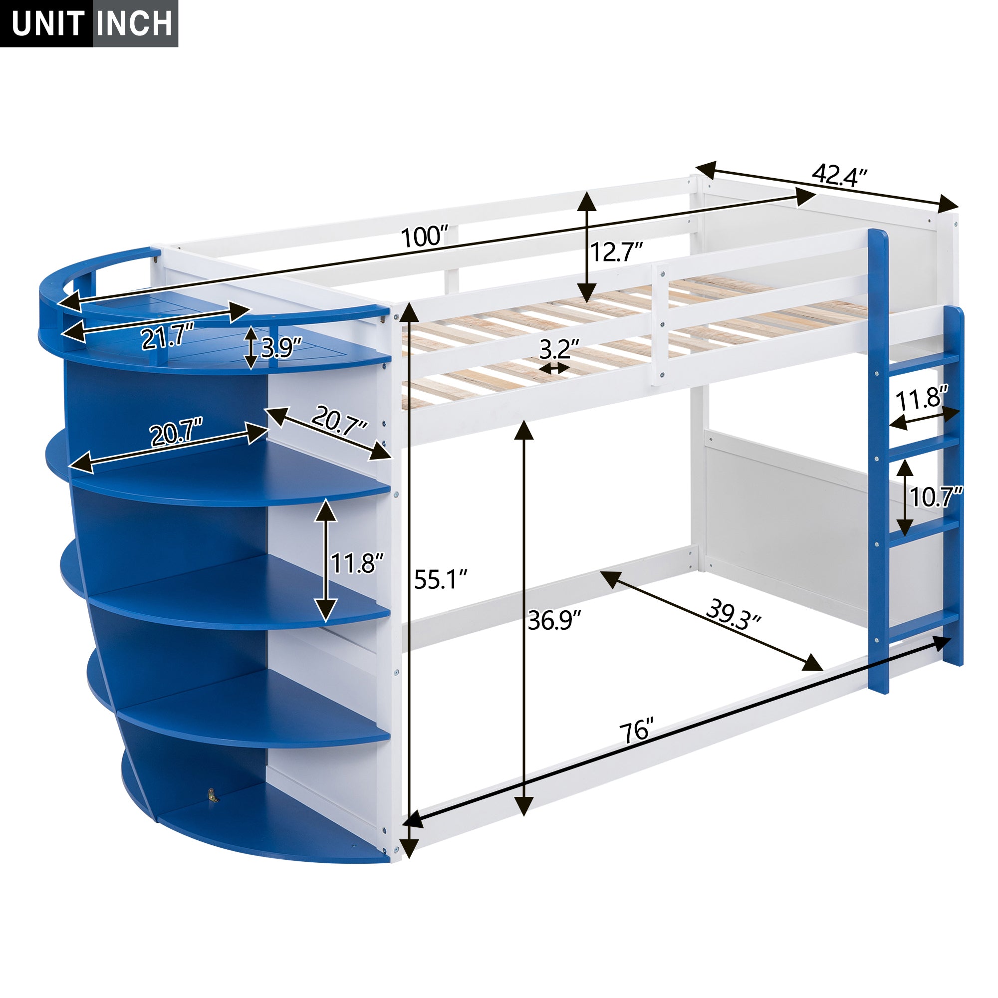 Twin over Twin Boat-Like Shape Bunk Bed with Storage Shelves, White+Blue - Atlantic Fine Furniture Melbourne FL