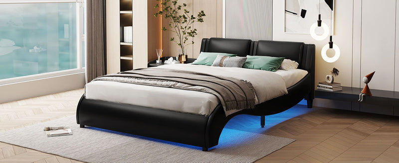 Upholstered Platform Bed With LED Light, Frame Slatted