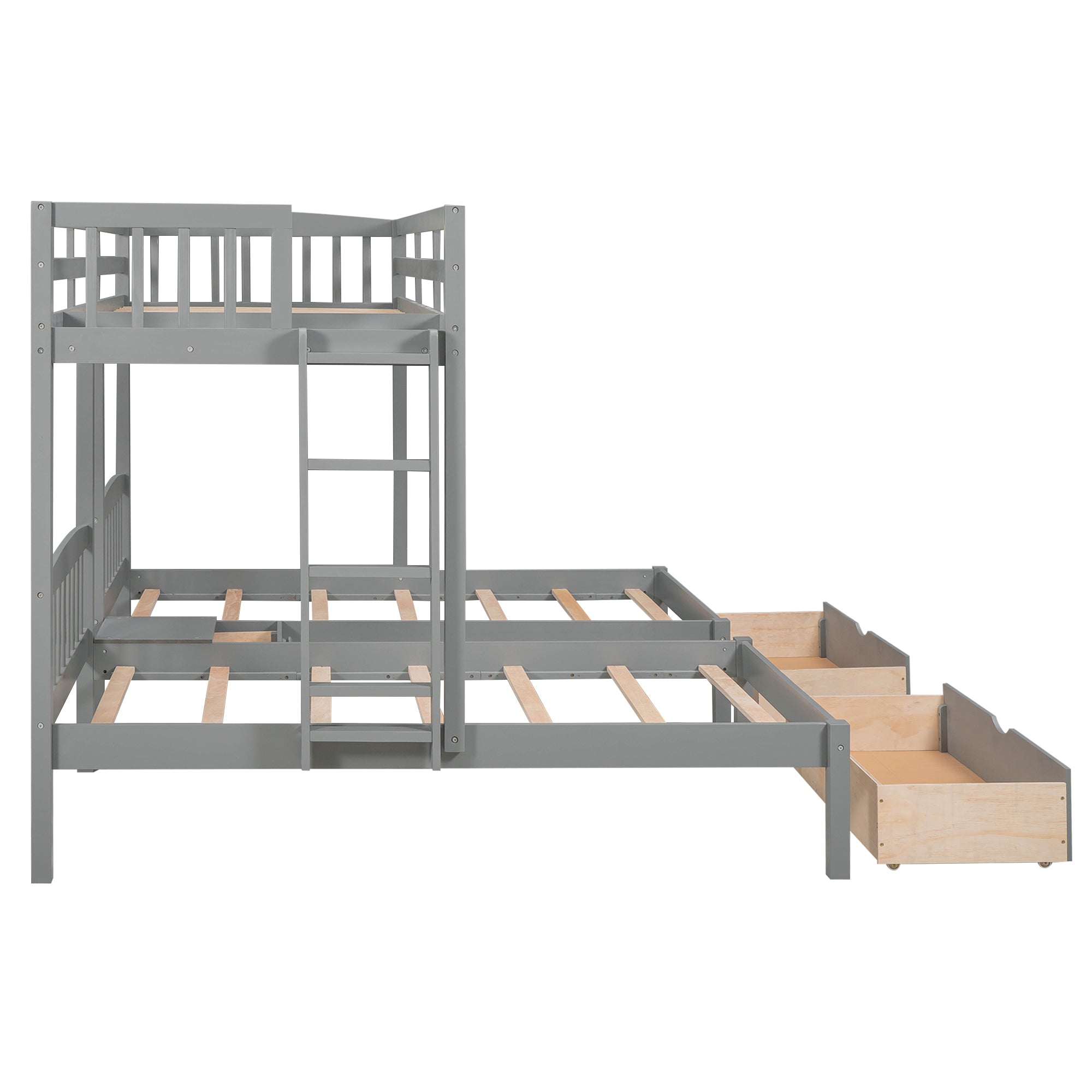 Twin over Twin & Twin Bunk Bed with Two Drawers and Built-in Middle Drawer, Gray - Atlantic Fine Furniture Melbourne FL