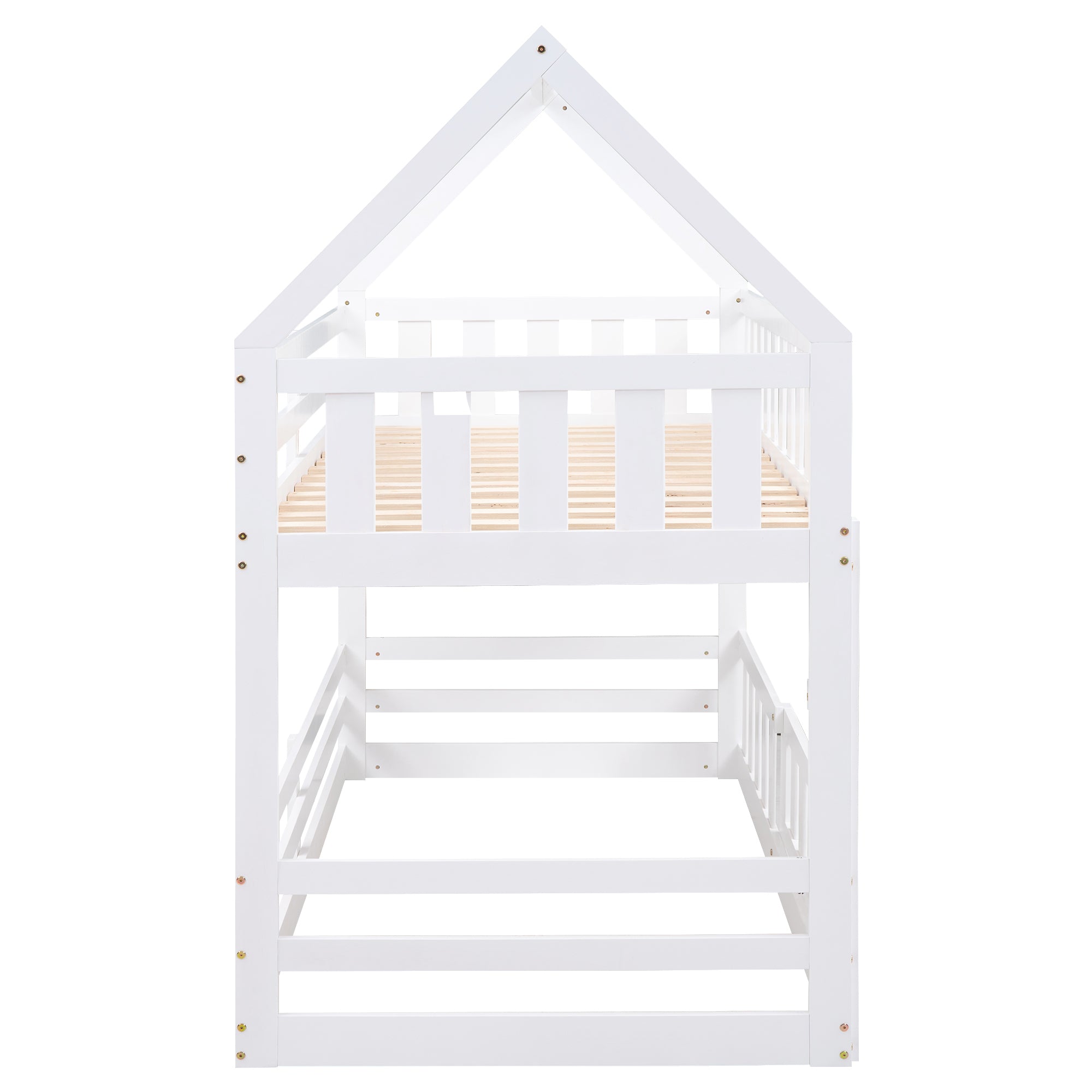 Twin over Twin House Bunk Bed with Fence and Door, White - Atlantic Fine Furniture Melbourne FL
