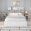 Multi-functional Full Size Bed Frame with 4 Under-bed Portable Storage Drawers and Multi-tier Bedside Storage Shelves, White